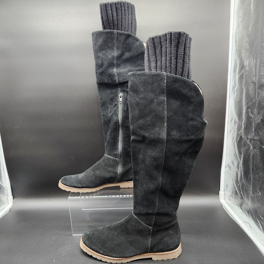Corso Como 7.5 Black Suede Over The Knee Tall Knit Cuff Flat Boots Boho Gorpcore